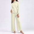 thumbnail image 2 of Knitted 2 Piece Outfits for Women Turtle Neck Button Long Sleeve Sweater with Wide Leg High Waist Pants Solid Loungewear Sets, 2 of 6