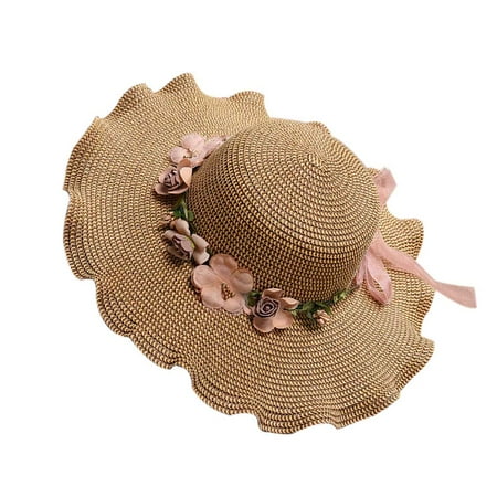 Download fashionhome Women Girls Big Wide Brim Sun Hat Kids Children Ruffle Flower Straw Hat Summer Beach ...