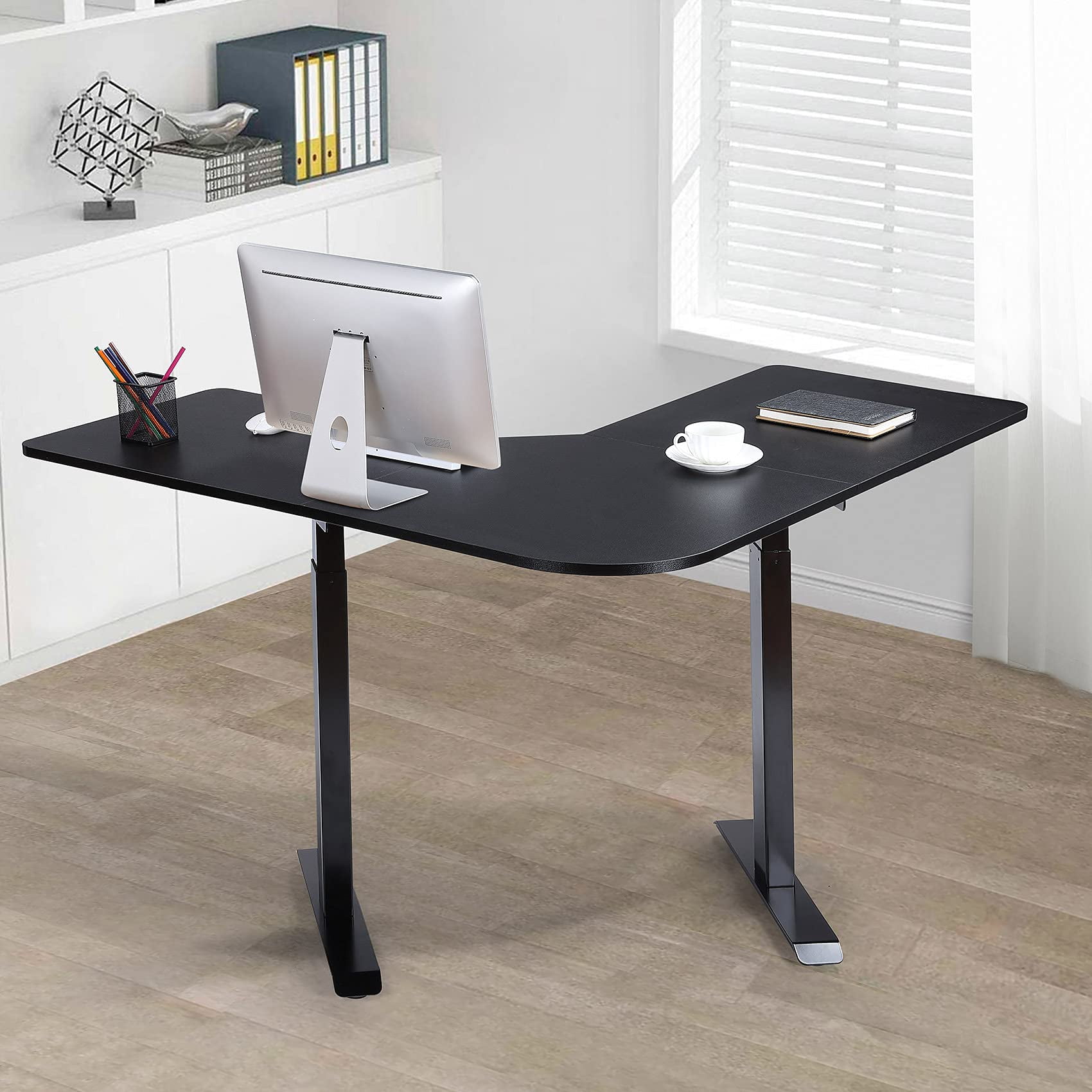 UNICOO® L Shaped Dual Motor Electric Height Adjustable Standing Desk, Computer Corner Desk, Home Gaming Desk, Office Writing Workstation (Black Frame/Black Top) XOT-L-BB