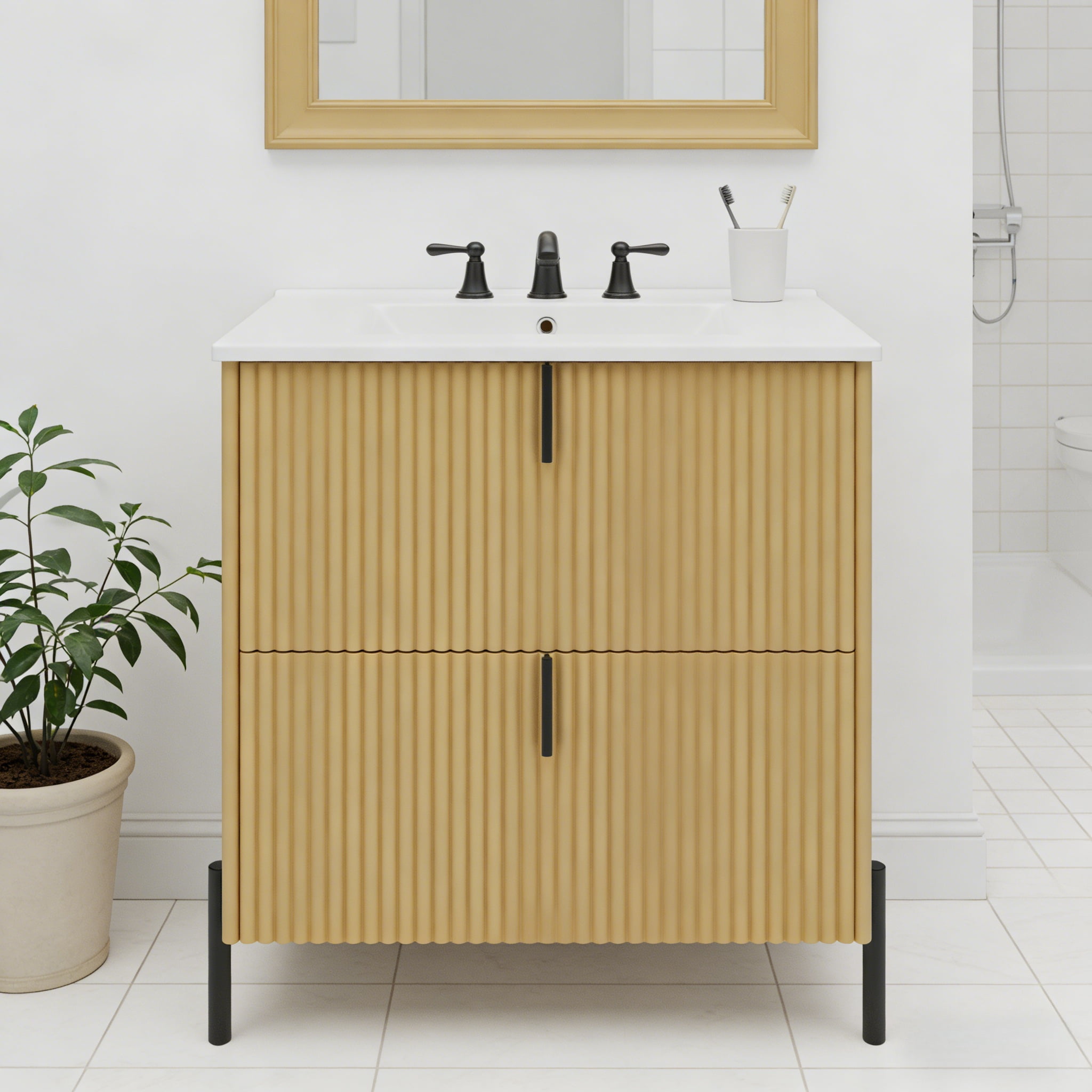 30" Fluted Design Modern Freestanding Vanity Cabinet, Modern Bathroom Cabinet with Soft Close Drawers, Freestanding Vanity with Ceramic Sink for Bathroom, Natural