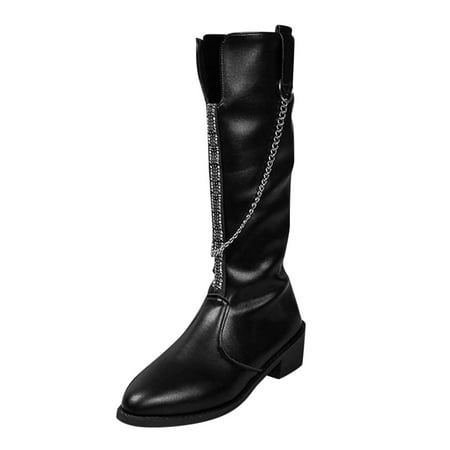 

Qufokar Womens Winter Snow Boots Womens Knee Boots Wide Calf Fashionable Autumn Winter Women Mid Calf Boots Thick Heel Low Heel Pointed Tip Solid Color Black Chain Back Zipper Comfortable