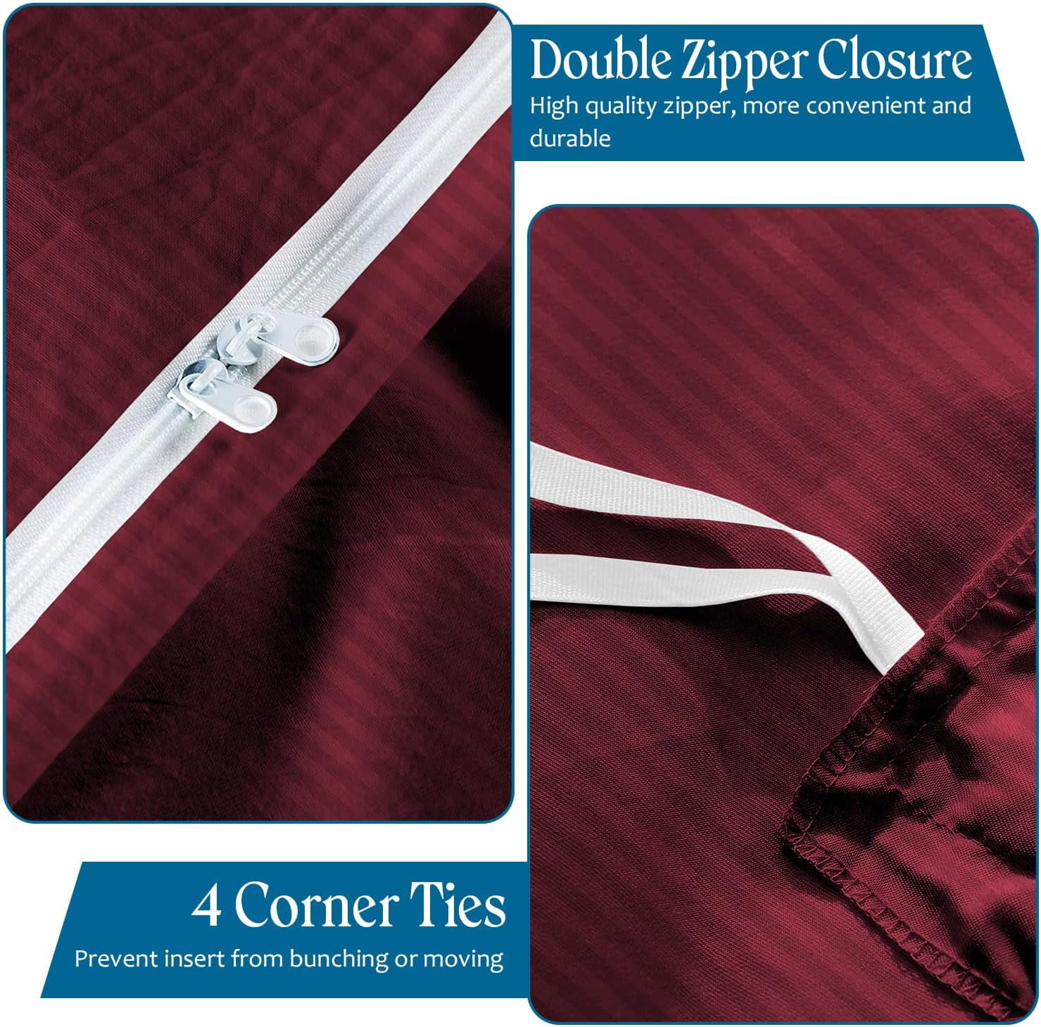 500 TC 100% Egyptian Cotton Premium Duvet set Zipper Closur Ultra Soft Durable and Fade Resistant Color Burgundy Stripe size Queen