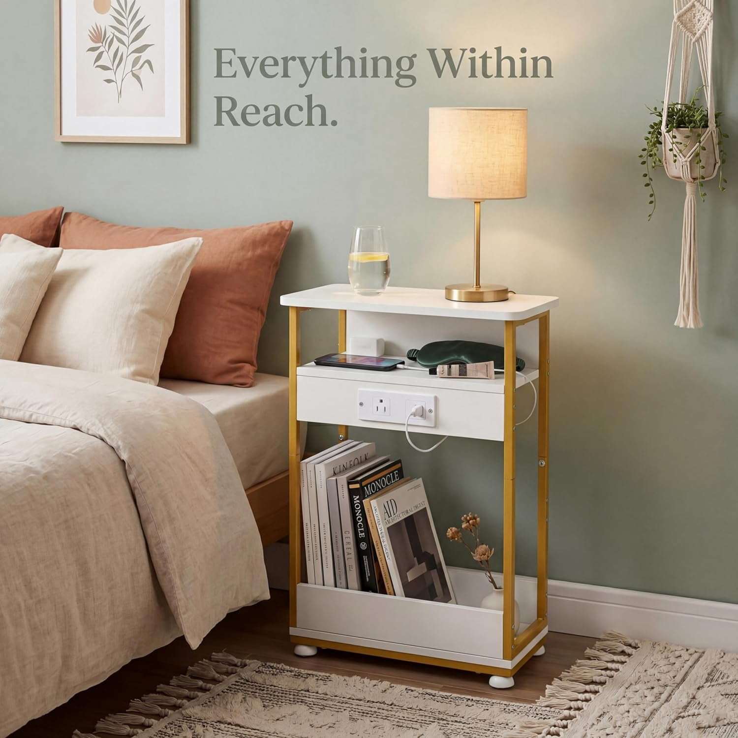 Narrow Side Table with Charging Station, 3 Tier Slim End Table with Storage Shelf for Small Spaces, 21.6 Inch Height Thin Tables Small Nightstand Magazine Rack for Living Room, White+Gold