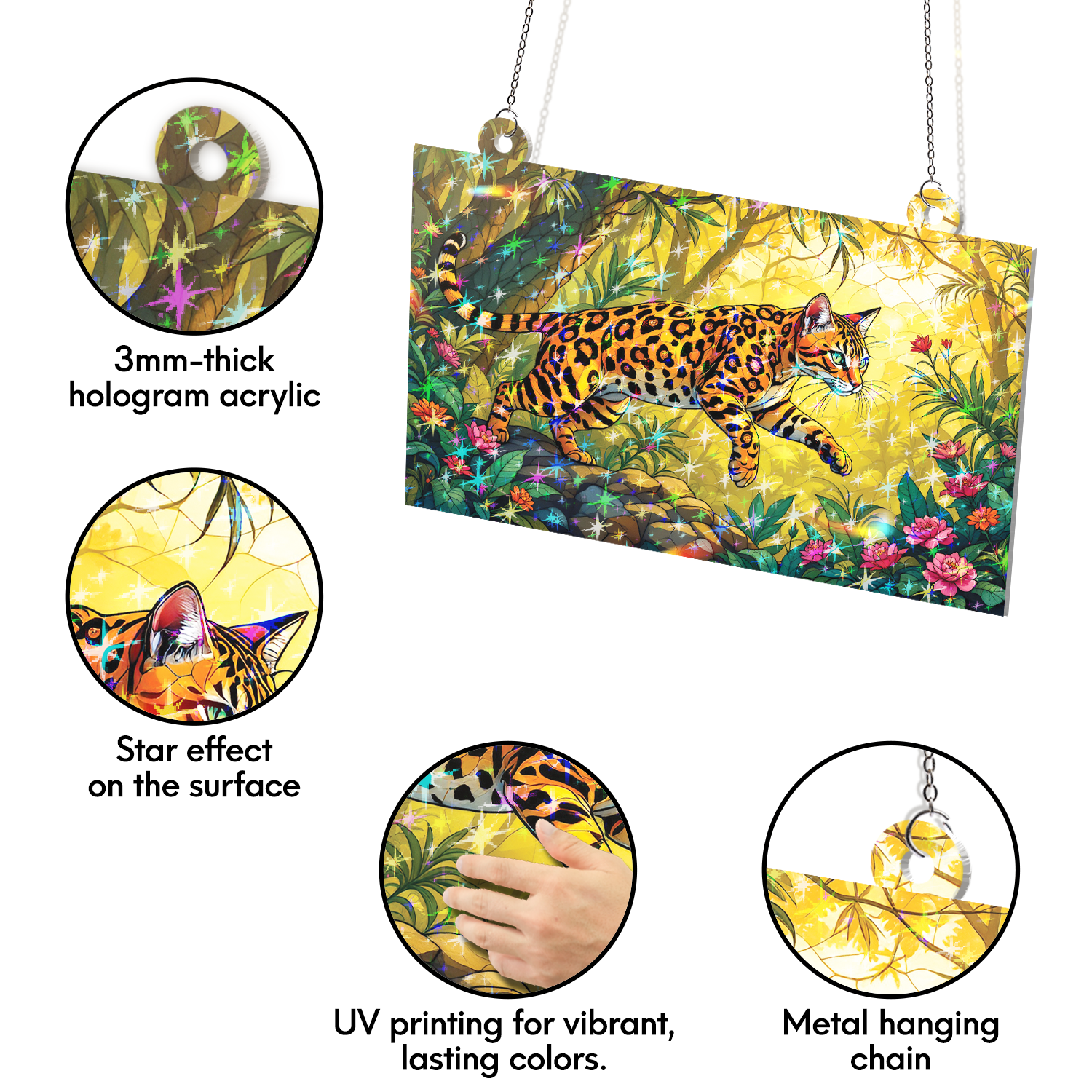 89Bloom Bengal Cat Stained Glass Hologram Ornament, Stained Glass Suncatcher Ornaments Home Decor, Holographic Ornaments