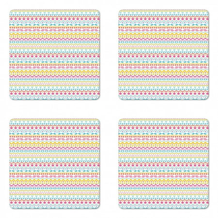 

Easter Coaster Set of 4 Colorful Hand Paint Style Cultural Line Pattern with Flowers Eggs Bunnies Swallows Square Hardboard Gloss Coasters Standard Size Multicolor by Ambesonne
