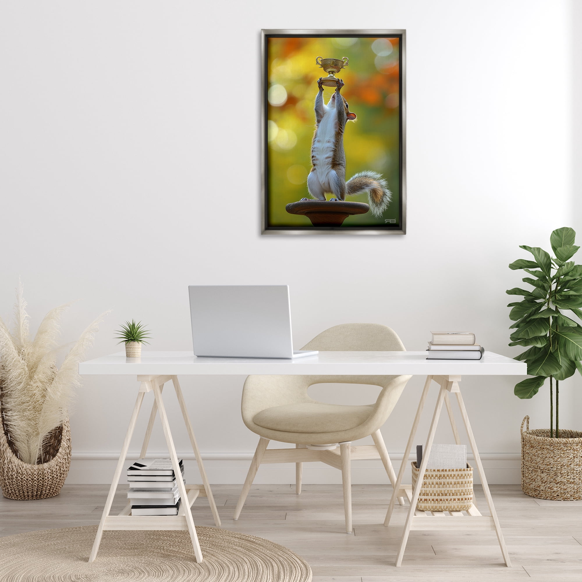 Stupell Industries Squirrel Holding Trophy Novelty Painting Gray Floater Framed Art Print Wall Art, 21 x 31
