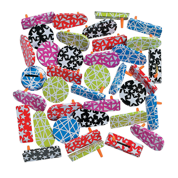 Fun Express 50 Pieces Bulk Metal Noise Makers and Clackers, Great for Noise Makers during New Years, Sporting Events or Gragers for Purim, Assorted Sizes, Shapes and Bright Colors