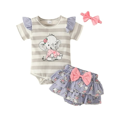 

Girls Outfit Set Short Sleeve Cartoon Elephant Romper Bodysuit Ruffles Shorts Headbands Outfits