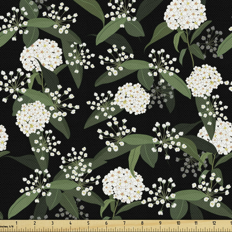 Ambesonne Botanical Fabric by The Yard, White Hydrangea in The Dark Garden Wedding Flowers Bridal, Decorative Upholstery Fabric for Chairs & Home Accents, Black