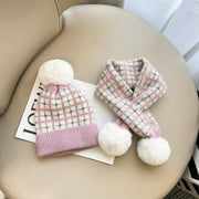 Winter Pompom Baby Children Plaid Beanie Accessories Hat and Scarf Sets Knitted Neckerchief Scarf suit PINK