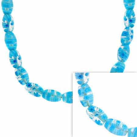 Murano Millefiori Flower Ring - Sterling Silver Murano Glass Light Blue Oval Millefiori Flower Necklace