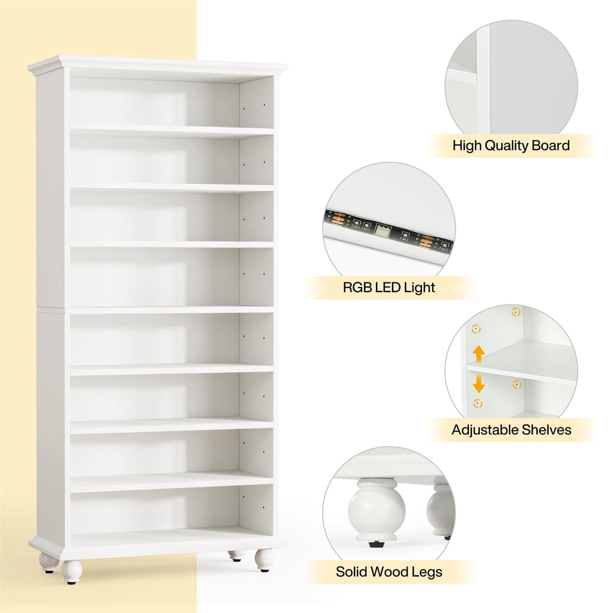 Hommoo 8-Tier Wooden Shoe Cabinet Rack with LED Lighting & Solid Wood Legs, 30 Pairs,White