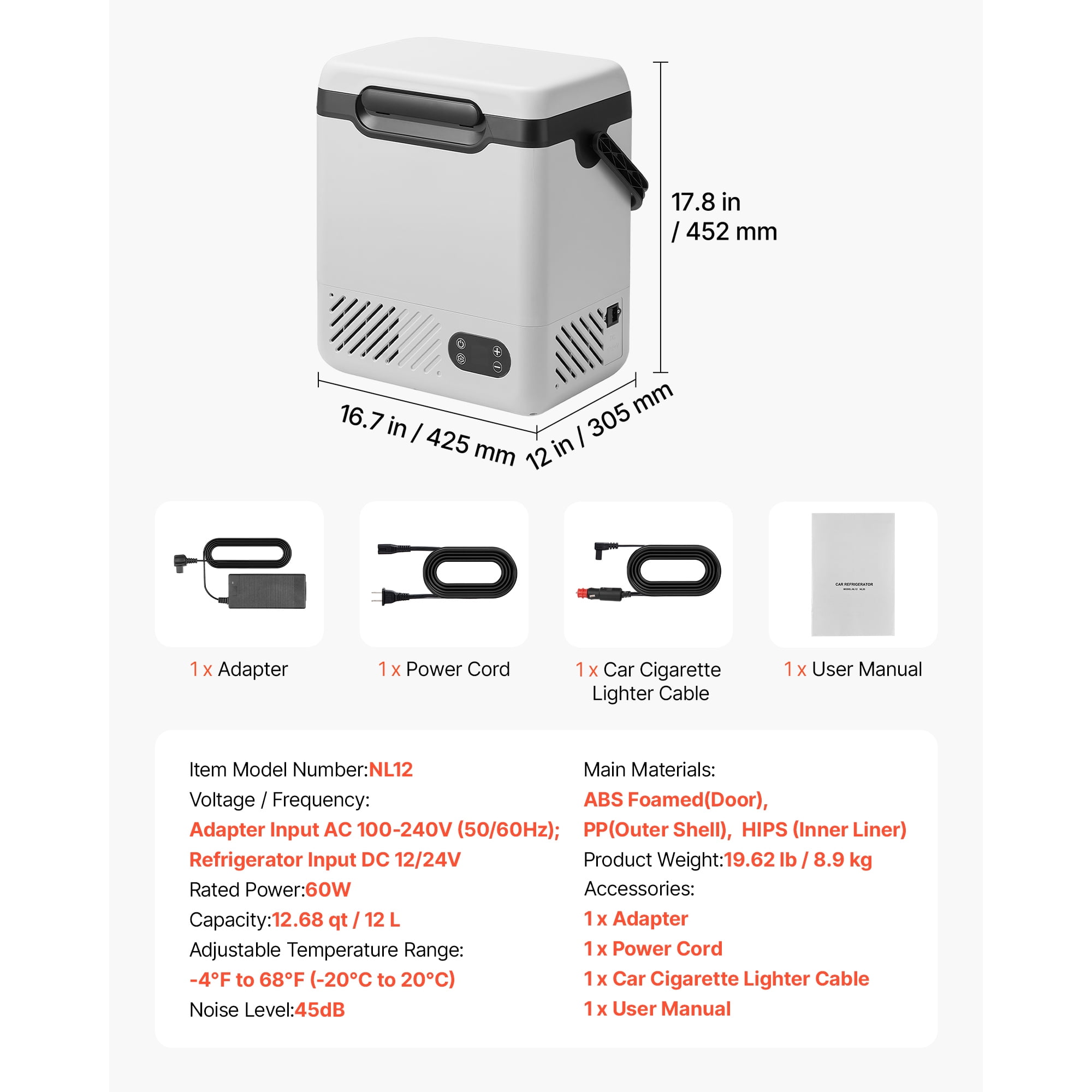 KFFKFF 12 Volt Refrigerator, 12.68 QT/12L Portable Car Freezer with Handle, Electric Compressor Cooler for DC 12V/24V and AC 100-240V, Adjustable Temperature Range -4°F to 68℉, Ideal for Travel