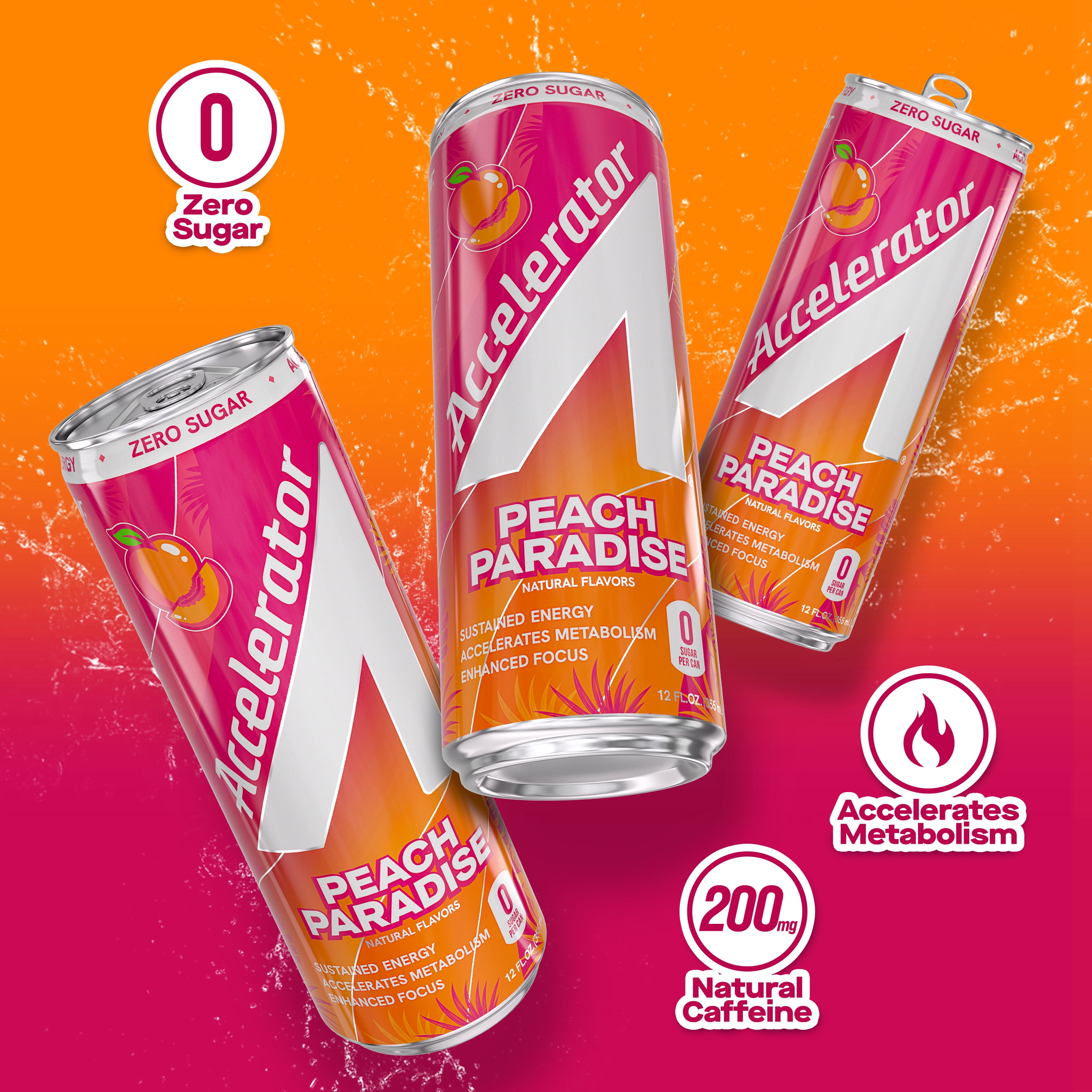 Accelerator Energy Drink, Peach Paradise 12 fl oz can (12 pack), Zero Sugar, Sustained Energy from 100% Natural Caffeine (200mg from Green Coffee Bean & Green Tea extract)