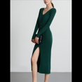thumbnail image 4 of Vestido Tipo Suéter con Cuello en V, Abertura Frontal y Botones Acanalados para Mujer Verde Oscuro XL, 4 of 7
