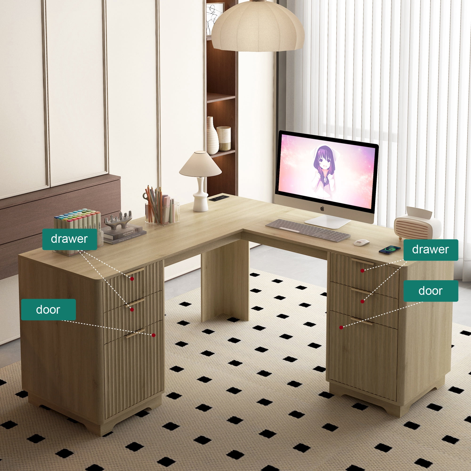Aukfa L-Shaped Computer Desk, 2-in-1 Corner Desk with Charging Station & Storage Cabinet for Home Office,Natural