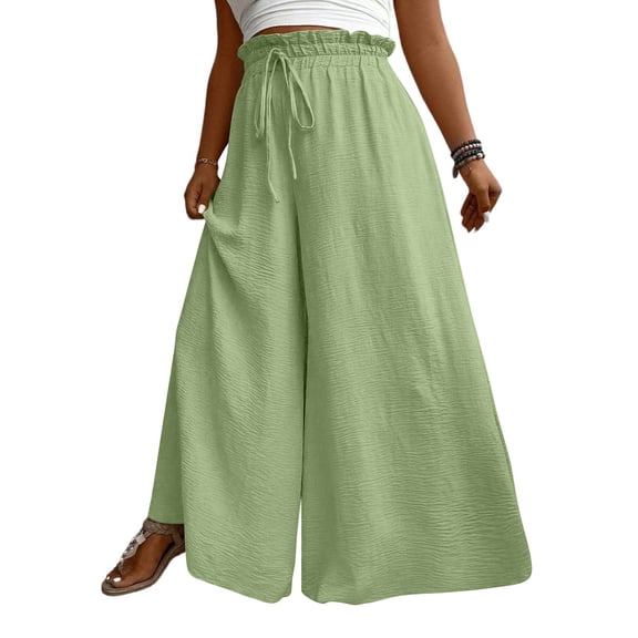 longantii Wide Leg Pants Woman Flowy High Waisted Pants 2026 Elastic Waist Drawstring Palazzo Pants Summer Plus Size Trousers Light Green XXL