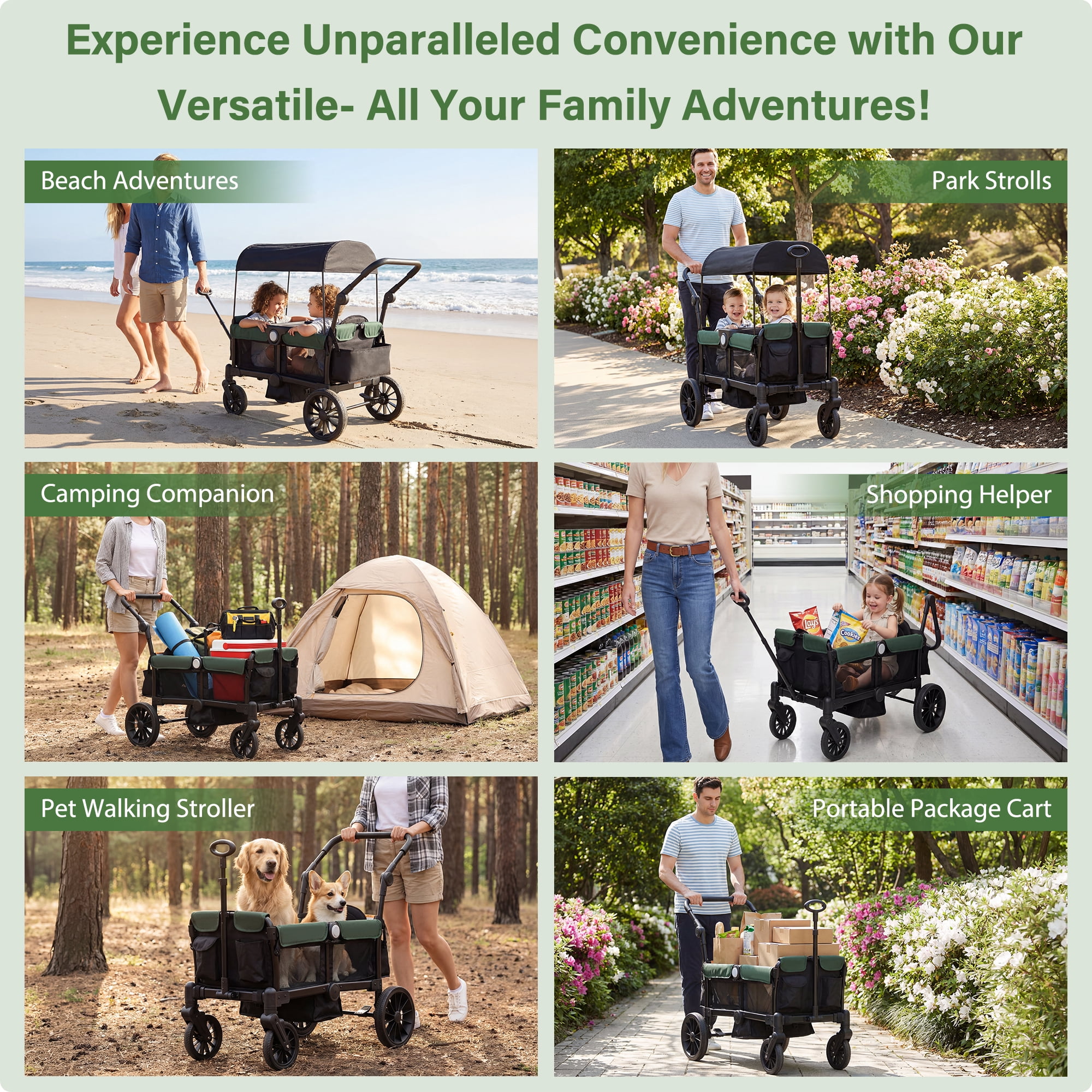 Bobiber Collapsible Wagon Stroller 2 Seater with 3-Point Harnesses, Canopy, Storage Bag, Adjustable Handlebar, 2 Cup Holders, Black
