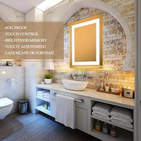 - Wall Mounted Lighted Mirror with Touch Button LED Backlit Vanity Dimmable for Bathroom