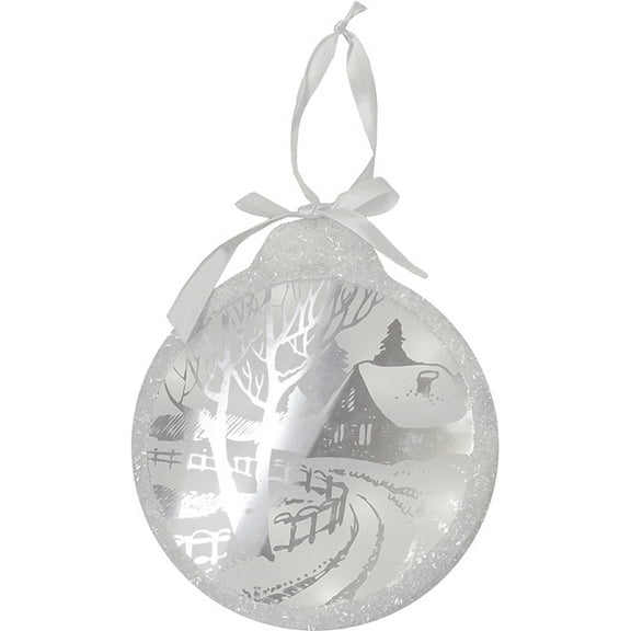 8" White Pre-Lit LED Sparkle Winter Cottage Scene Round Christmas Ornament