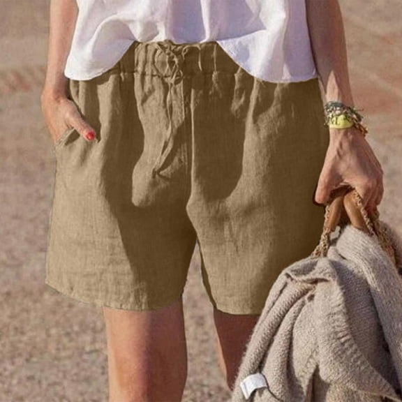 SELONE Linen Shorts for Women Plus Size Mid Rise with Pockets Cotton Linen Casual Pants Short Length Baggy Straight Leg Athletic Pants Khaki 3XL