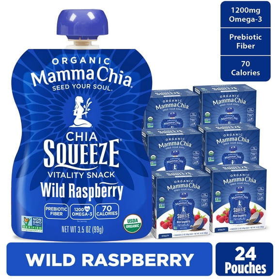 Mamma Chia Organic, Wild Raspberry Chia Squeeze, 3.5 oz, 24 Count Pouches 6 Boxes of 4