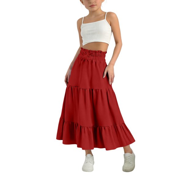 XQYLOS Girls Linen Skirt Trendy Summer Boho Maxi Back Slit Casual Elastic Waist Drawstring Long 𝖥lowy Beach Vacation Party 2026 Fashion