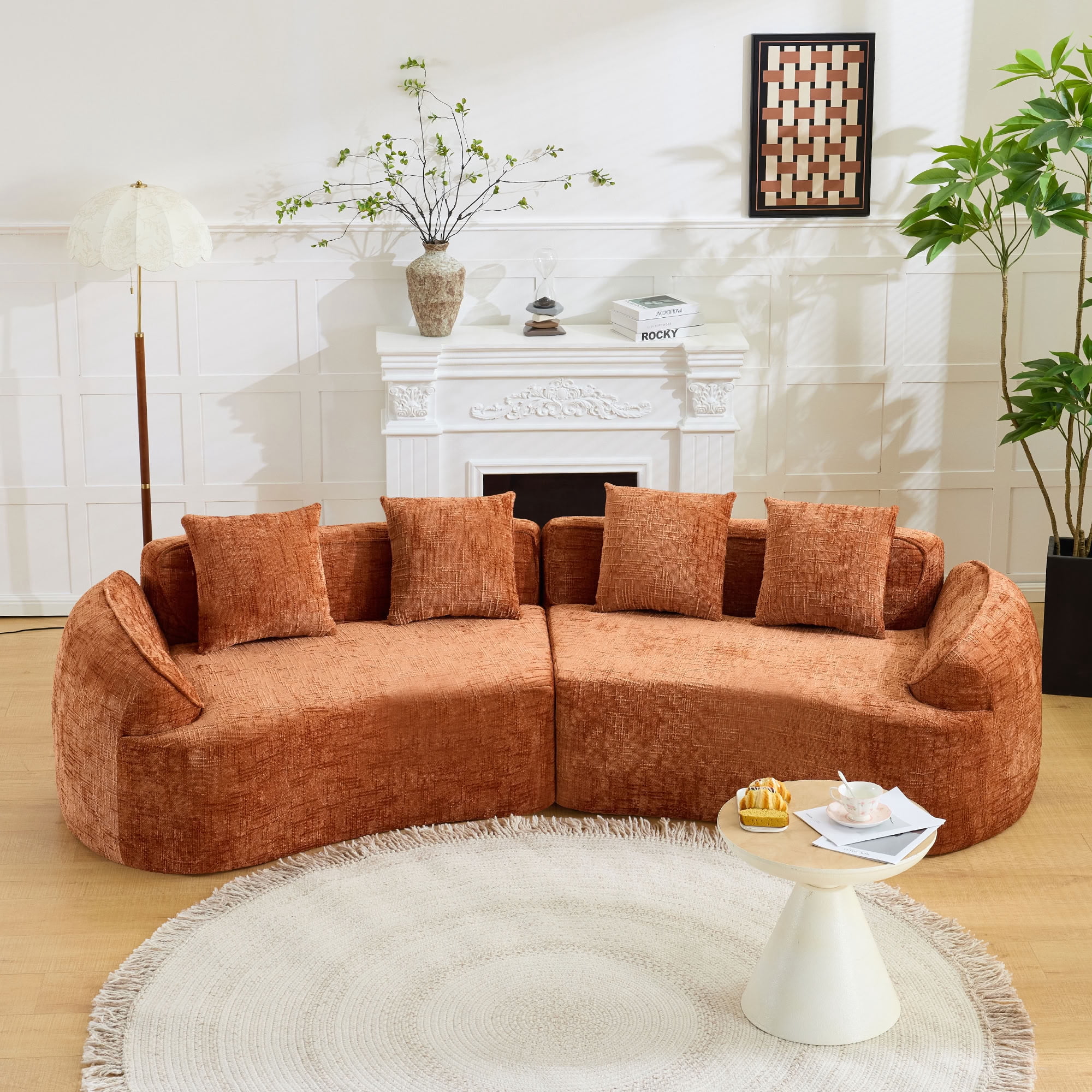 MAYEERTY 4-Seat Curved Compressed Sectional Sofa, Upholstered Cloud Modular Couch with Throw Pillows, No Assembly for Living Room Apartment Small Spaces