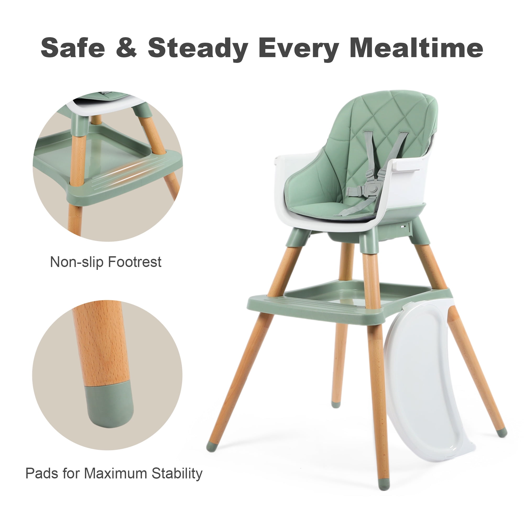 AILEEKISS 7 in 1 Wooden Baby High Chair for Toddler, Infant Feeding Chair with Removable Tray, Green