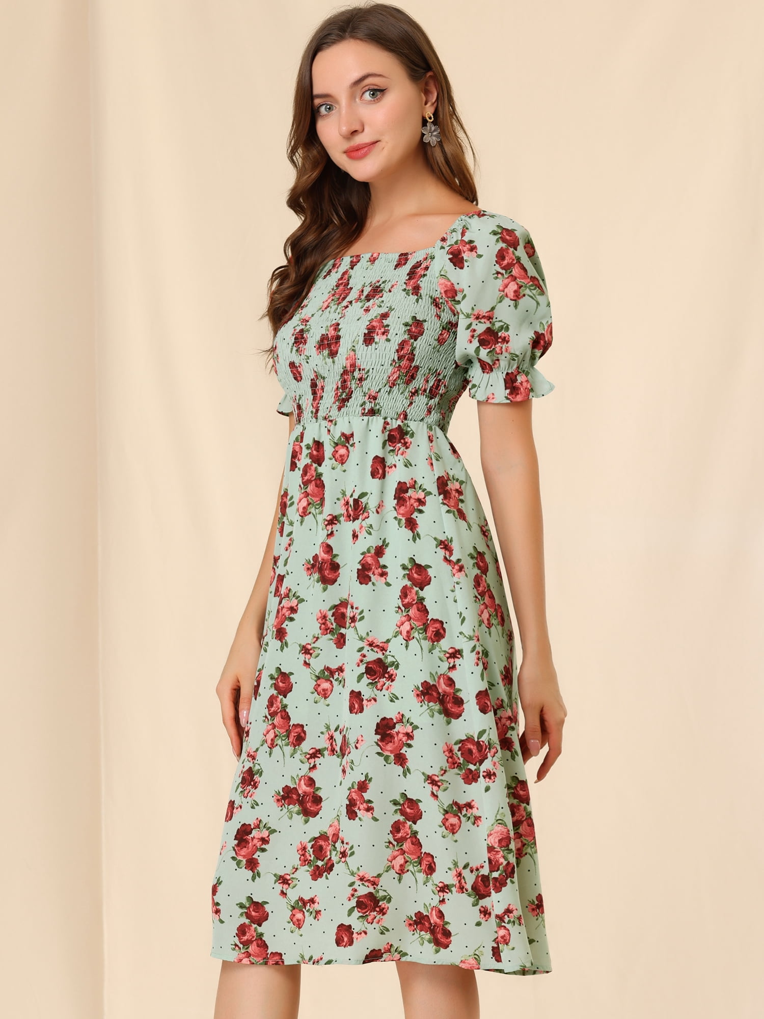 DARING DIVA Square Neck Puff Sleeves Smocked Waist Midi Floral Dres XS Green
