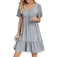 thumbnail image 3 of Summer Solid Dresses for Women 2026 Short Sleeve v Neck Mini T Shirt Dress - Midi Dress Flowy Pleated Beach Sundress - Summer Trendy Vacation Beach Dress Light Gray M, 3 of 8