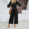thumbnail image 5 of Joau Womens Summer Dressy Casual Jumpsuits 3/4 Sleeve Square Neck Smocked Wide Leg Long Pants Rompers One Piece Outfits, 5 of 6