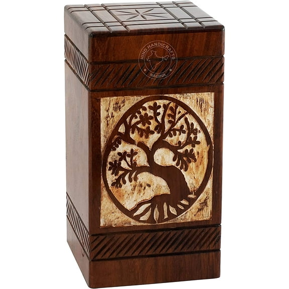 Antique Tree of Life Wooden Urns for Human Ashes Adult Large - Rosewood Cremation Urn for Ashes - Burial Urn for Columbarium - Funeral Urn Box (Rosewood, 250 Cubic Inches)