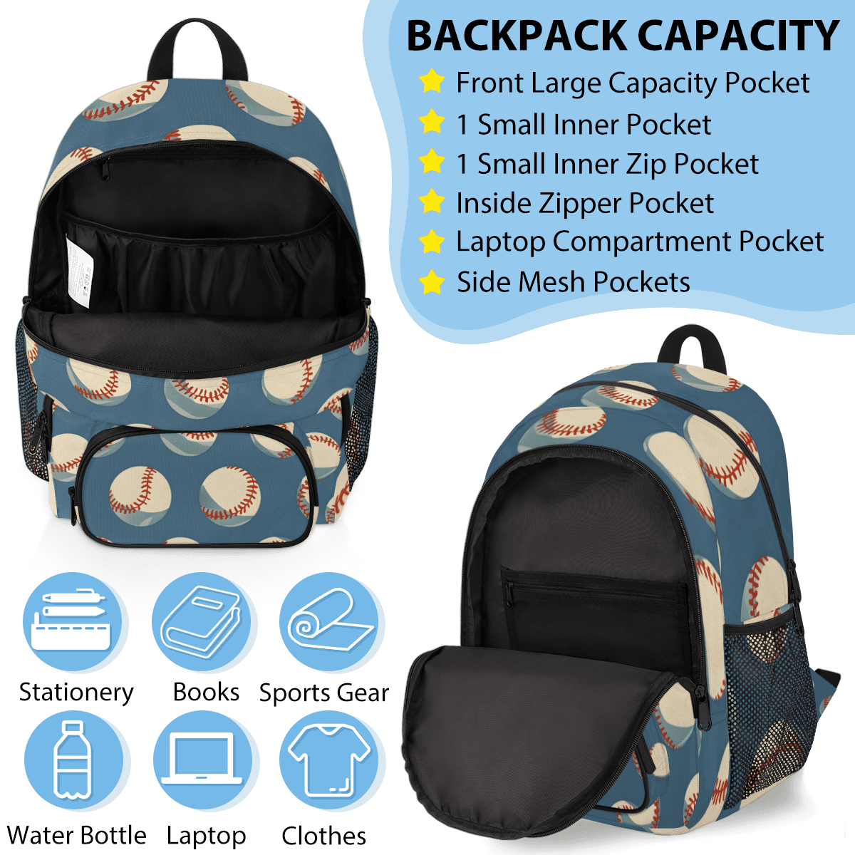 Herdesigns Baseball Large Backpack Set with Lunch Box Lightweight Water Resistant Travel Laptop Backpacks Casual Daypacks for Women Men