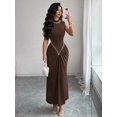 thumbnail image 5 of Brown Semi-High Neck Sleeveless Knitted Pleated Maxi Dress With Pearl Embellishment, Elegant Evening Gown, 5 of 8