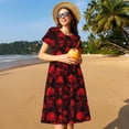 thumbnail image 4 of Salouo Red Skulls for Women's Short Sleeve Summer Dress, Pleated Loose Swing Knee Length Dresses with Pockets, 4 of 6
