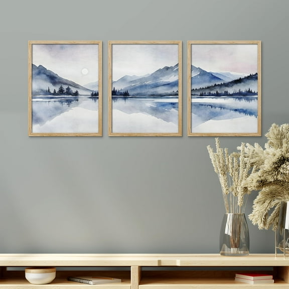 PixonSign Framed Canvas Print Wall Art Set - Abstract Geometric Mountains Lake Reflection Landscape Posters - Set of 3 Pastel Nature Wall Décor for Living Room, Bedroom, Office - 11"x14" Natural