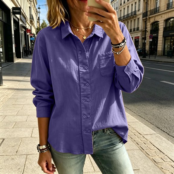 Dxzfnsa Button Down Shirts for Women Cotton Linen Solid Color Shirts Long Sleeve Dress Shirts Lapel Collar Blouses Work Casual Tunic Tops
