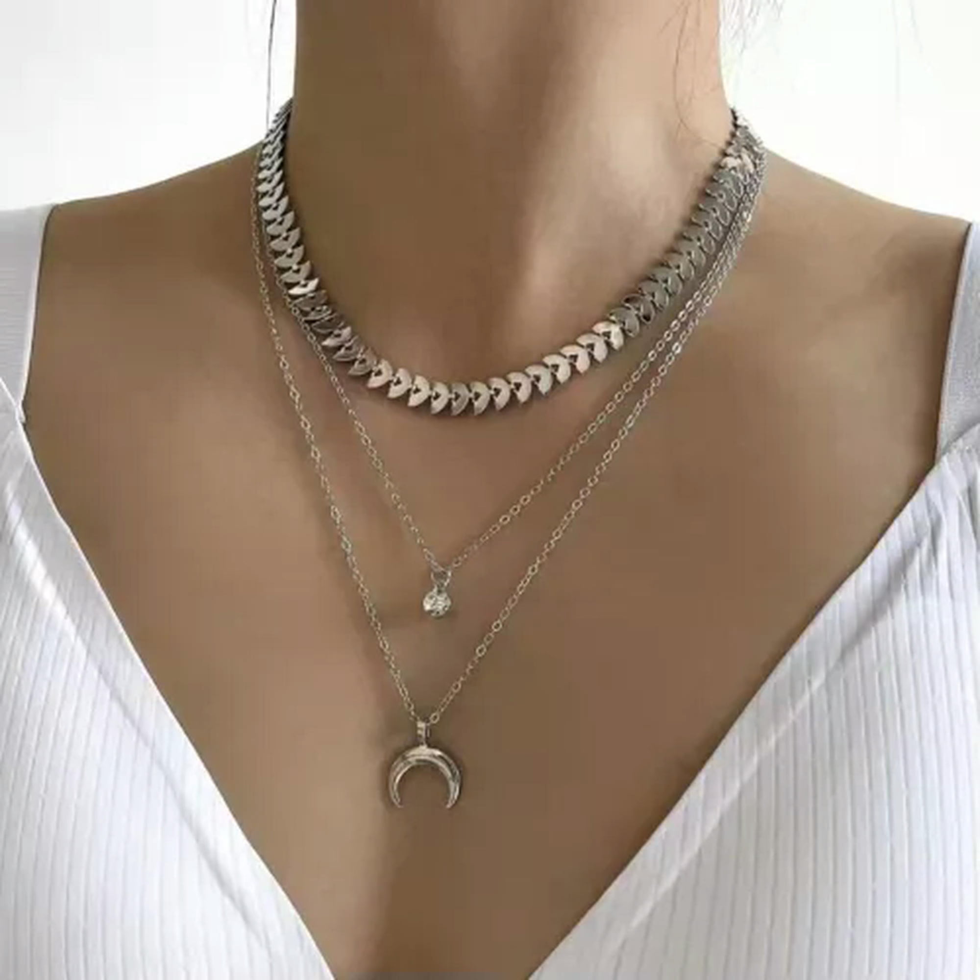 HOOUN Fashion Women Bohemian Multilayer Necklace Crystal Moon Snake Bone Pendant 0380-Silver