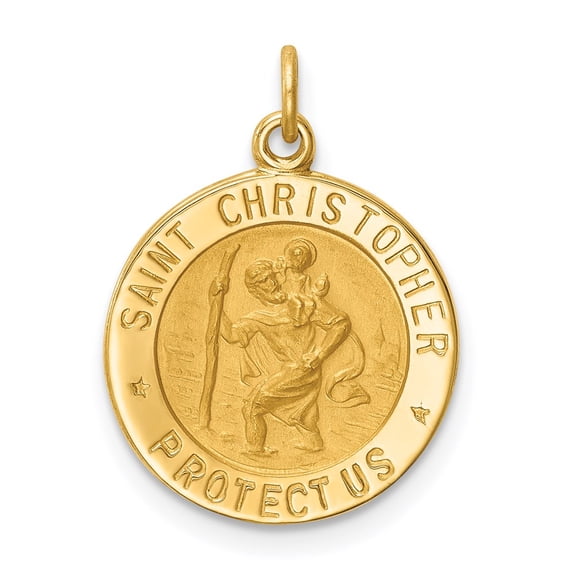 Finest Gold 14K Yellow Gold Solid Polished Satin Small Round St. Christopher Medal Pendant