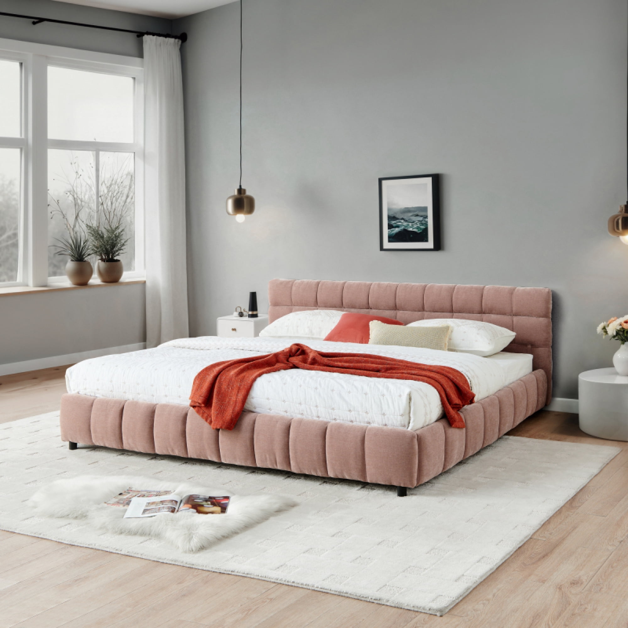 California King size Upholstered Bed ,comfortable upholstered bed frame, Chenille fabric, with headboard and solid bed frame. With drawer for storage.-Pink (90.5''*80.5''*31'')