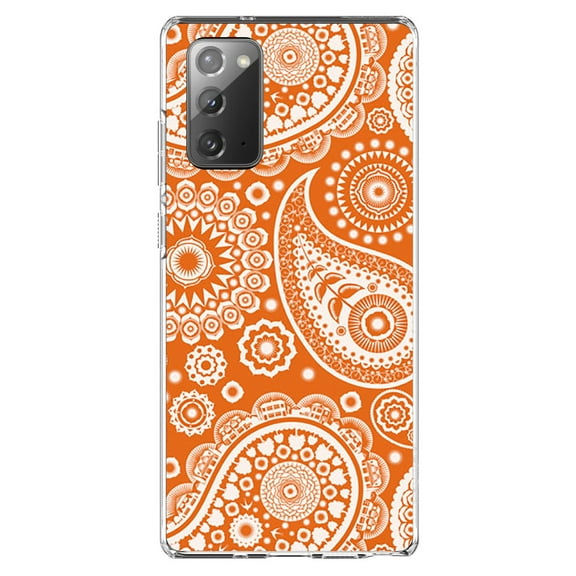 DistinctInk Clear Shockproof Hybrid Case for Samsung Galaxy Note 20 (6.7" Screen) - TPU Bumper, Acrylic Back, Tempered Glass Screen Protector - Orange White Paisley