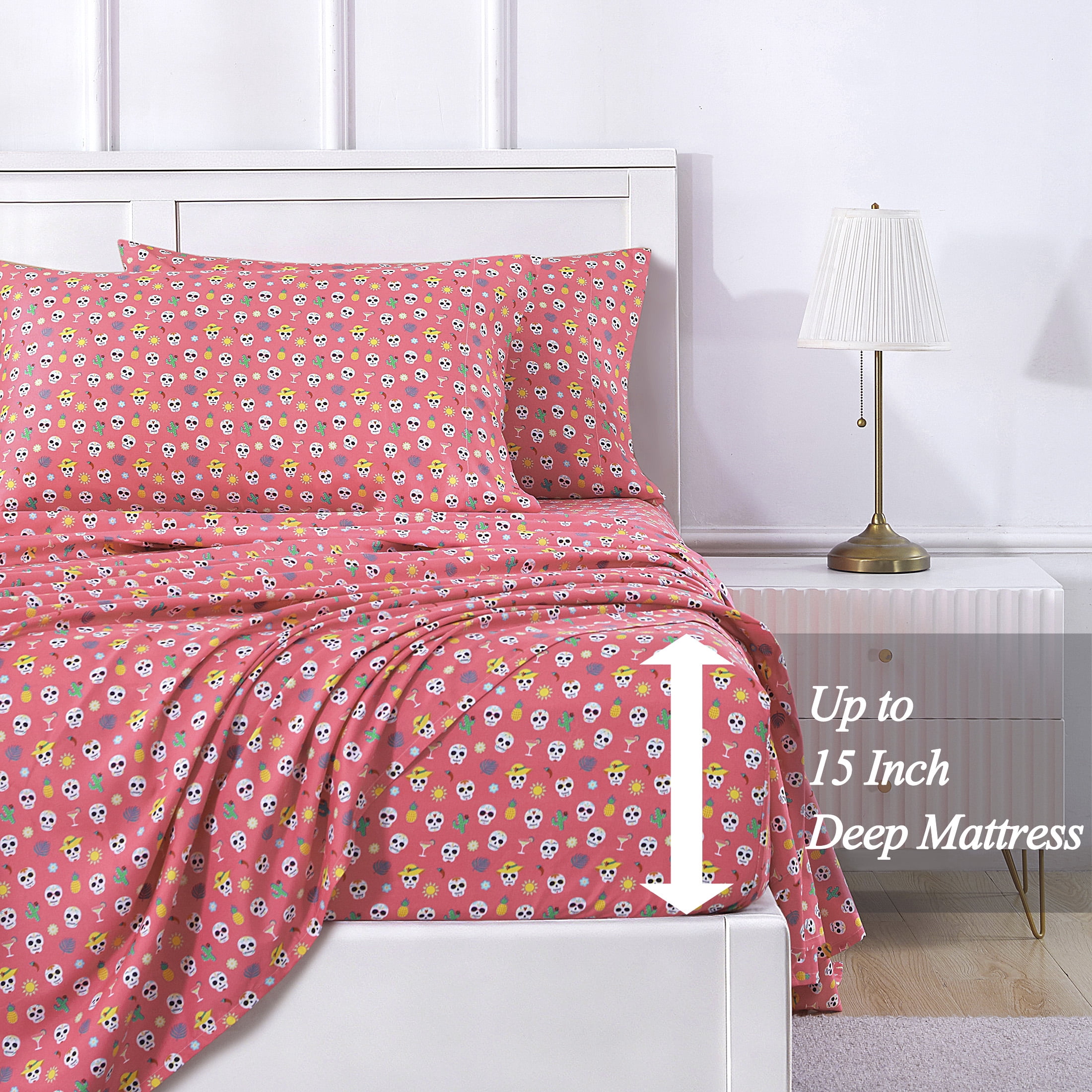 Summerween Soft Microfiber Sheet Set, Fiesta Skulls Pink, Queen