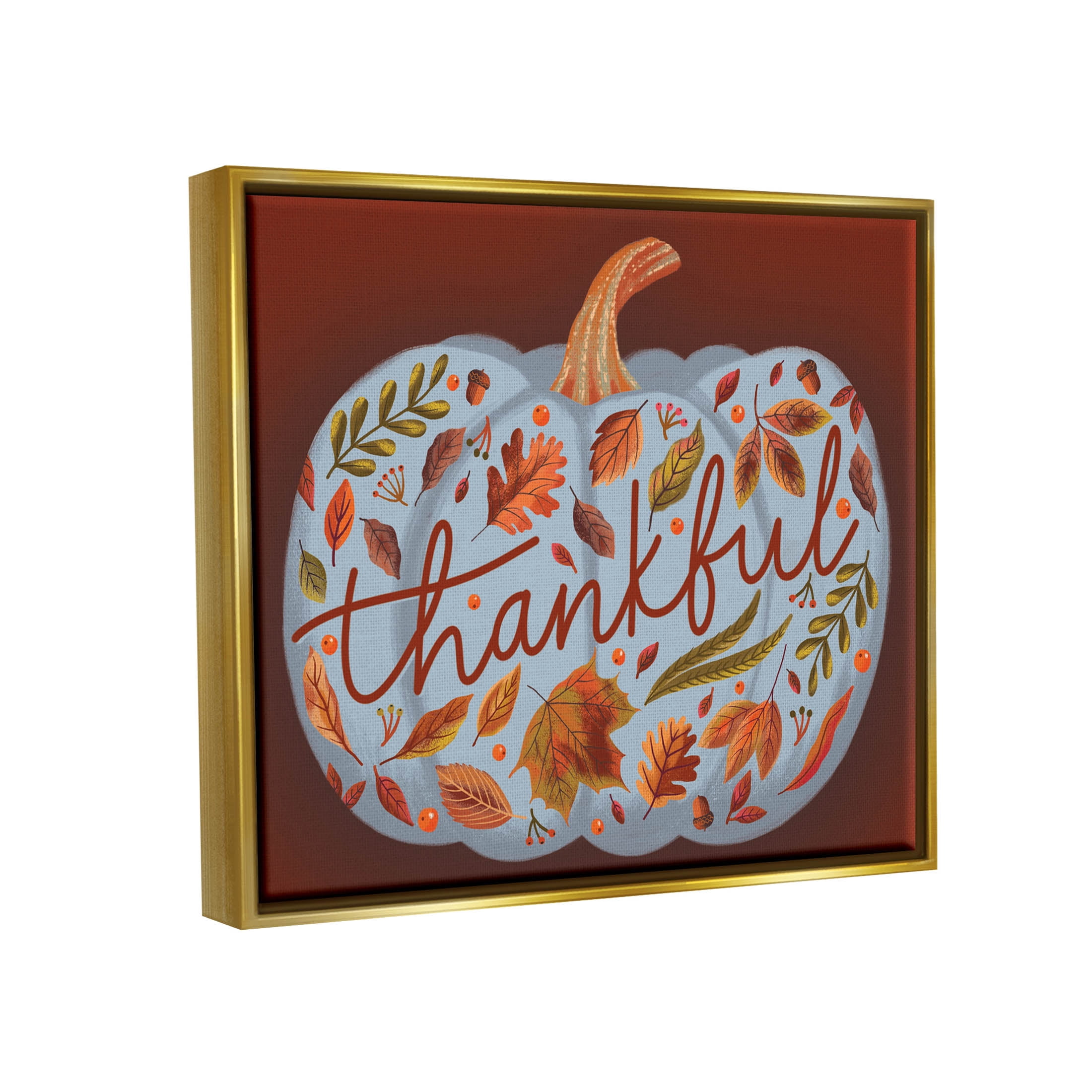Thankful Leaf Patterned Pumpkin Holiday Graphic Art Metallic Gold Framed Art Print Wall Art
