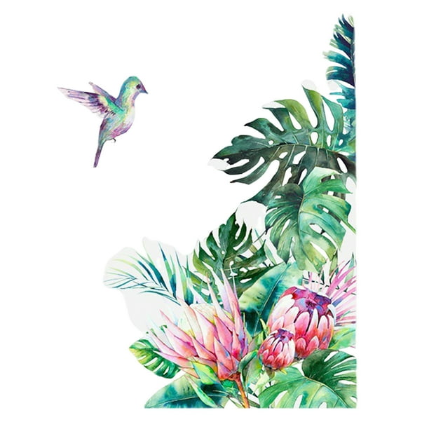 Adhesivo Decorativo Para Pared Con Motivos Tropicales De Hojas, Flores Y Pájaros. Arte Mural Para Salón. Adhesivo Decorativo Diy Para El Hogar.