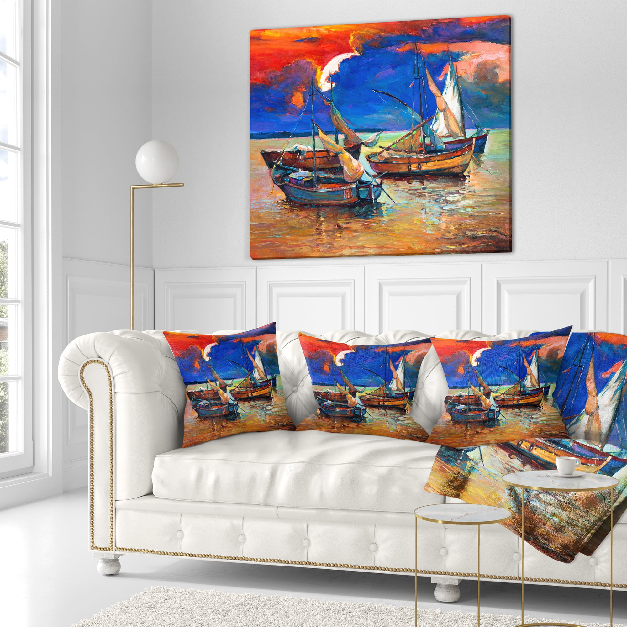 Designart Fishing Boats Under Blue Sky - Seascape Throw Pillow - 18x18