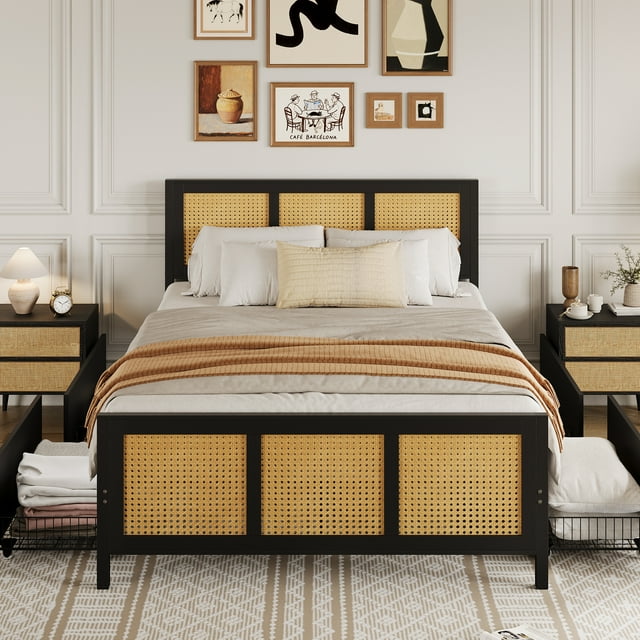 Boho Rattan Bed Frame with 7-Color LED Headboard – Cane Platform, 4 Large Storage Drawers, Strong Metal Slats, Noise-Free, No Box Renewal Needed, Easy Assembly