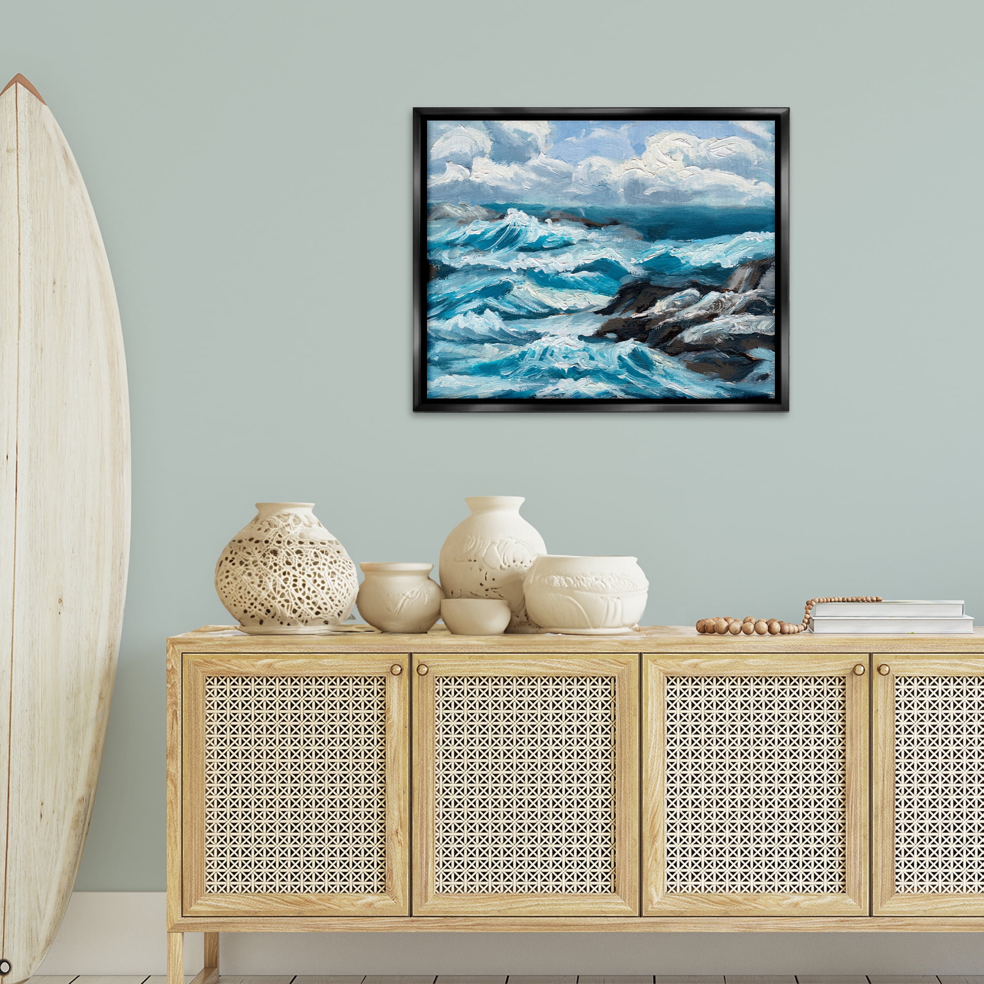 Stupell Industries Rough Sea Waves Splash Nautical & Beach Painting Black Floater Framed Canvas Art Print Wall Art, 31 x 25