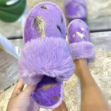 

Slippers For Women Women S Fashion Bronzing Feather Printing Baotou Hairy Flat Casual Slippers Womens Slippers