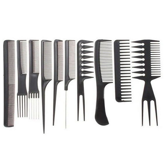 10Pcs Hairdressing Combs Set Pro Barbers Brush Combs Flat Comb Plastic Black